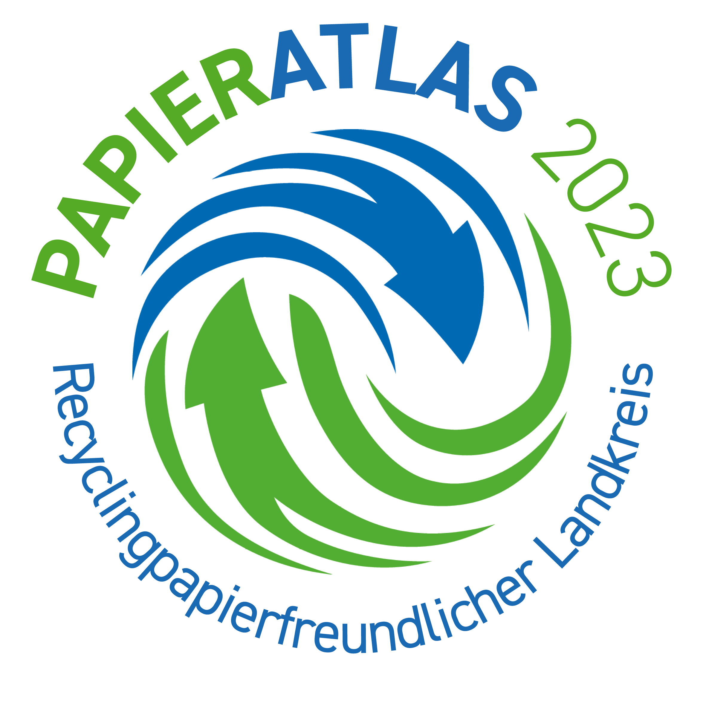 Das Logo „Recyclingpapierfreundlicher Landkreis“ des Papieratlas 2023 (Bildquelle: Initiative Pro Recyclingpapier). 