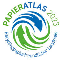 Das Logo „Recyclingpapierfreundlicher Landkreis“ des Papieratlas 2023 (Bildquelle: Initiative Pro Recyclingpapier). 